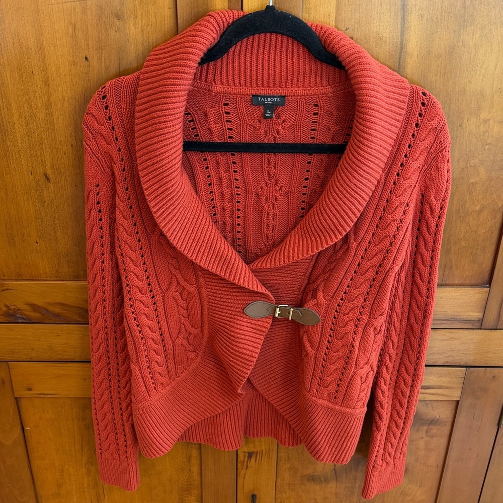 Talbots Dark Orange Cable Knit Sweater with Adjustable Buckle, SP